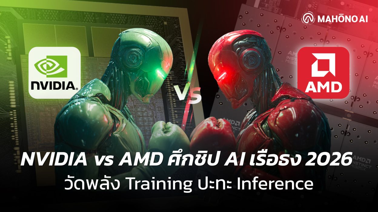 ส่วนสำคัญที่สุด บอก Google ว่าภาพนี้คืออะไร ภาพกราฟิกหุ่นยนต์สีเขียวและแดงต่อสู้กัน เปรียบเทียบศึกชิป AI เรือธง NVIDIA vs AMD ปี 2026 หัวข้อ วัดพลัง Training ปะทะ Inference