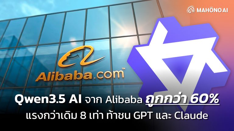 โลโก้ Alibaba.com บนอาคารกระจก พร้อมโลโก้ Qwen3.5 และข้อความ AI จาก Alibaba ถูกกว่า 60% แรงกว่าเดิม 8 เท่า ท้าชน GPT และ Claude