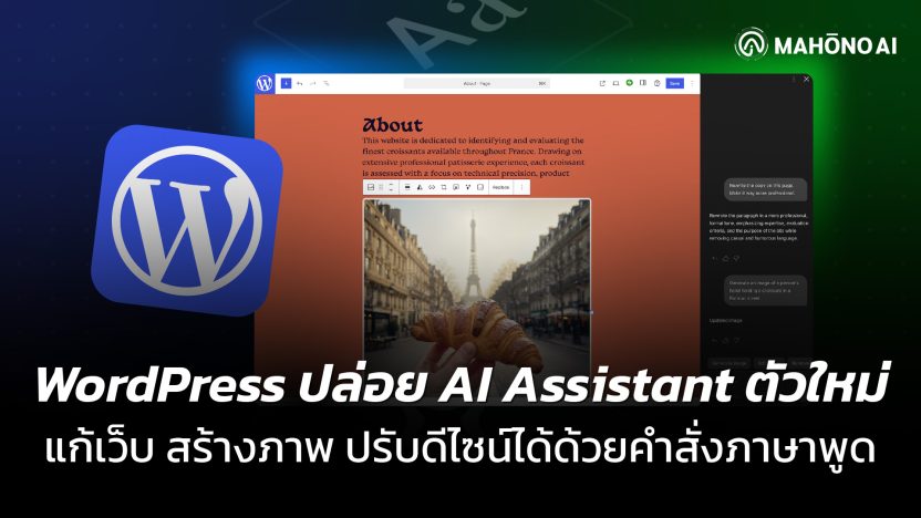 WordPress.com AI Assistant editing website layout and generating images through natural language commands inside the block editor