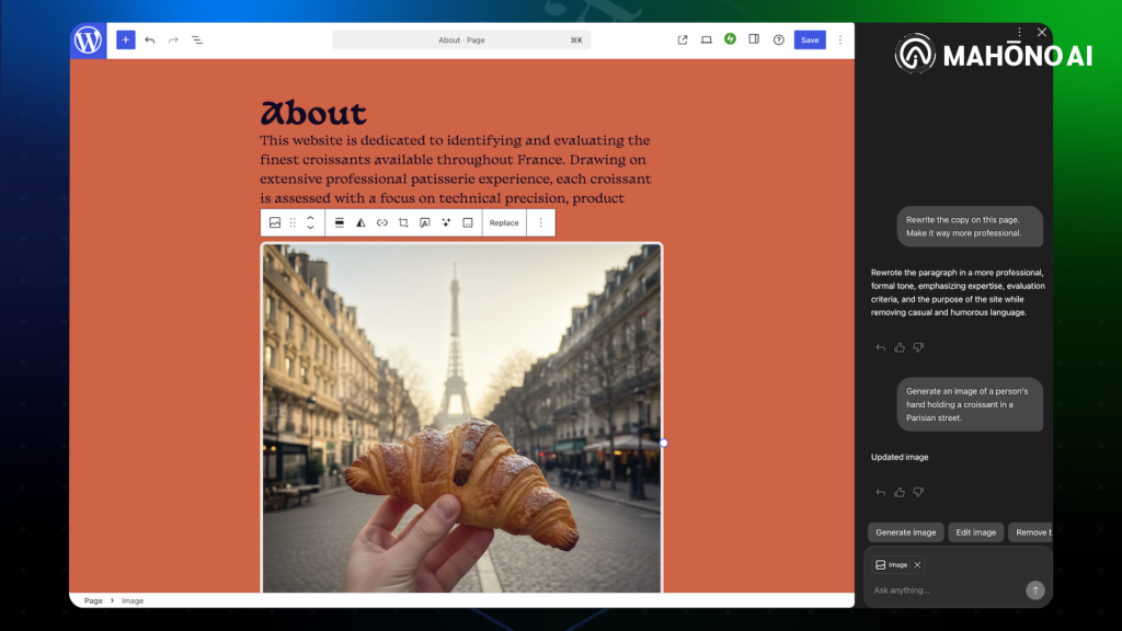 WordPress AI Assistant ทำงานในตัวแก้ไขเว็บไซต์ แสดงการปรับเลย์เอาต์และสร้างภาพด้วยคำสั่งภาษาพูด