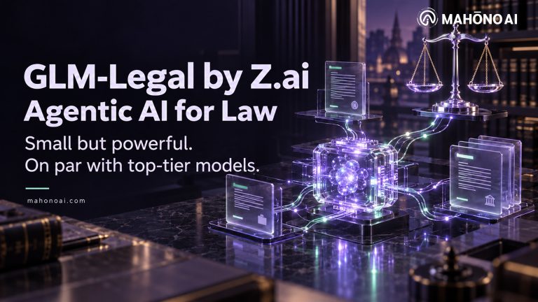 GLM-Legal by Z.ai banner showing a legal AI agent with scales of justice, contracts, and an AI chip